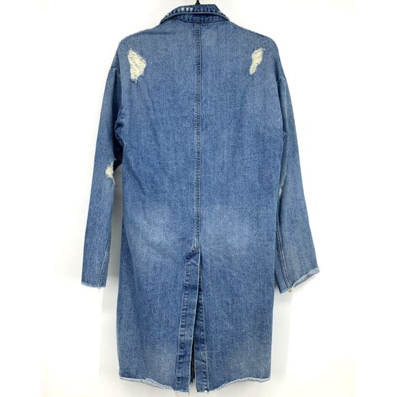 Zara Trench Coat Blue Distressed Denim Button Snap Fray Jacket - Picture 11 of 14